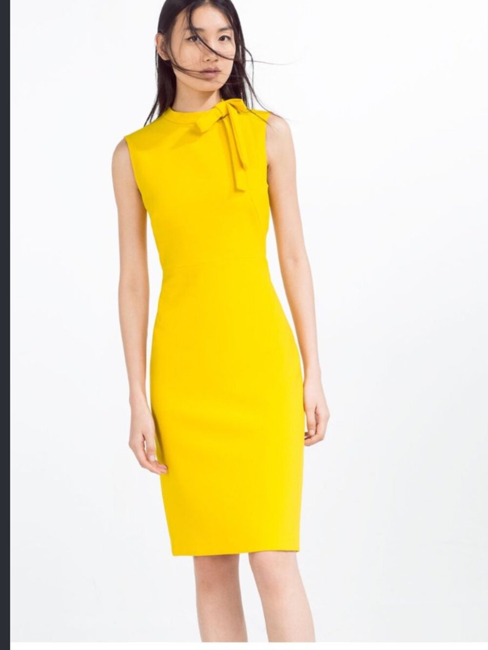 NWOT Zara Woman Yellow Sleeveless Bow Neck Sheath Dress Size Small